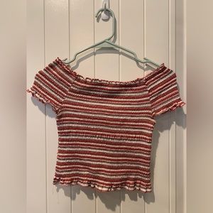 Pink, maroon, and white striped crop top